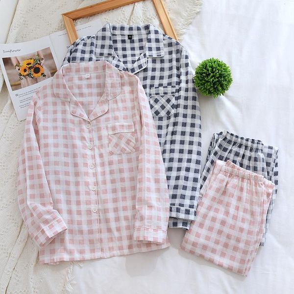 

japanese couples matching pajamas spring autumn casual men nightwear suit ladies long-sleeved trousers cotton yarn pyjamas femme, Black;brown