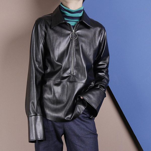 

2021 New S-6xl!! Original Metal Manga Decoration Long Leather Lapel Shirt Pu Autumn Wear of Men P2WC, Black