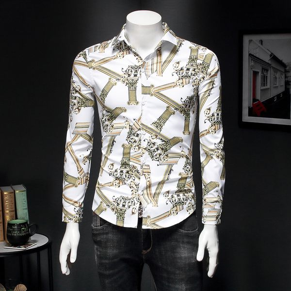 

long-sleeved shirt men's youth slim korean european and american retro printed large size shirt spring new pattern shirt, White;black