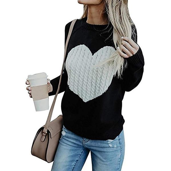 

autumn women's sweater casual street clothes moderate knitting pullover lady sweater plus size hiver heart pattern long sleeve 3259, White;black