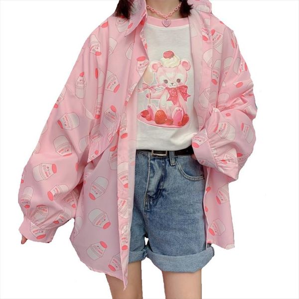

autumn new women blouses holiday casual puff long sleeve ladies strawberry milk printed shirt korean summer fashion clothing, White