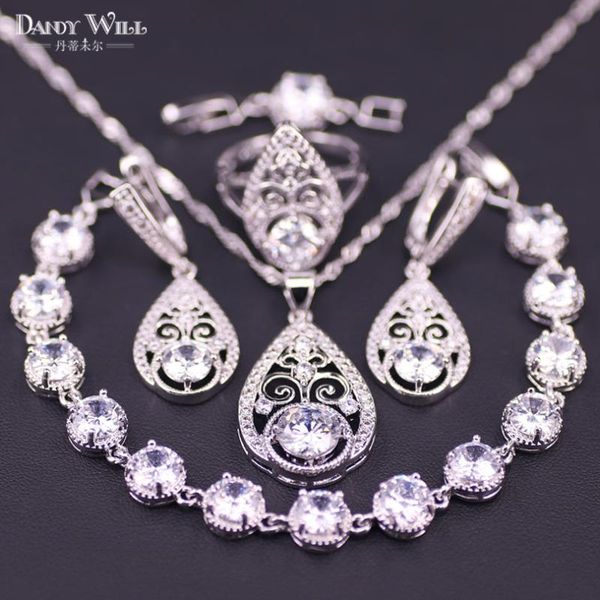

new design pear square pure white crystal & cubic zircon silver color jewelry sets for women pendant earrings ring bracelet set