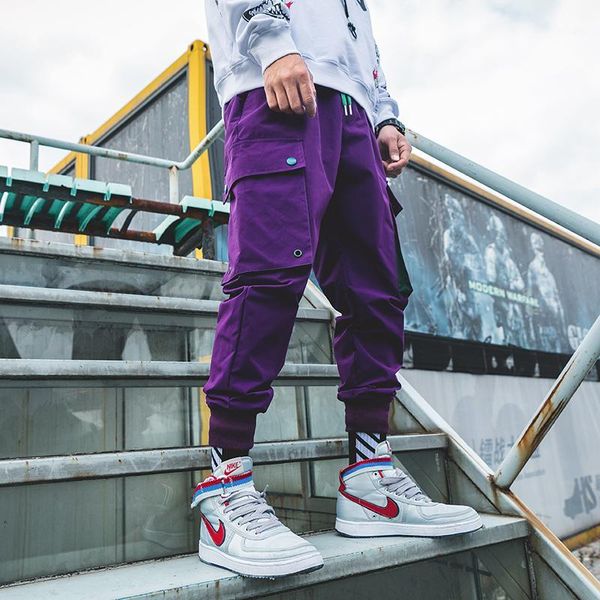 

loldeal mens purple joggers pants pockets streetwear cargo pants male hip hop track korean fashions overalls1, Black