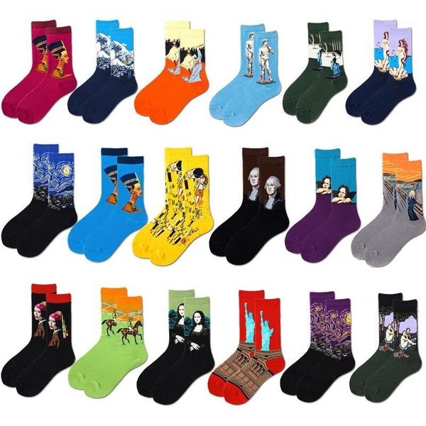 

1 pair of vintage paintings art abstract oil painting mona lisa star sky sweat absorption men's cotton socks autumn and winter1, Black