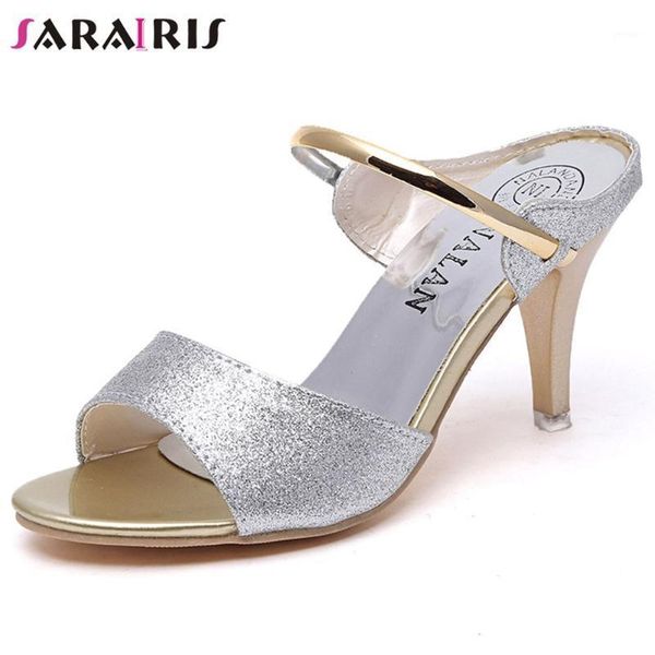 

slippers sarairis shallow party mules high heels glitters women classic design heeled shoes woman1, Black