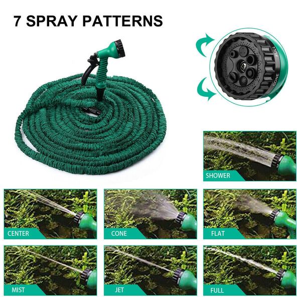 

100 ft long expanding flexible garden water hose with spray nozzle latex green