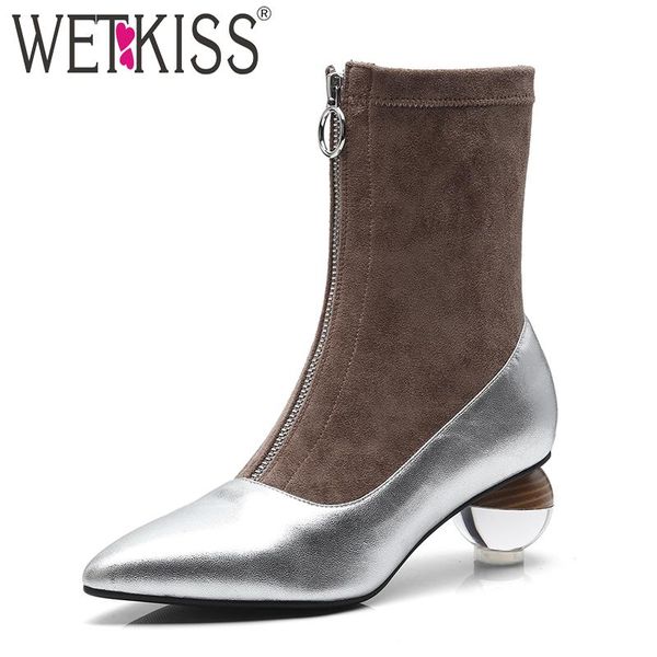 

boots wetkiss plus size 43 transparent high heeled women ankle rubber footwear leather stretch boot pointed toe shoes 2021, Black