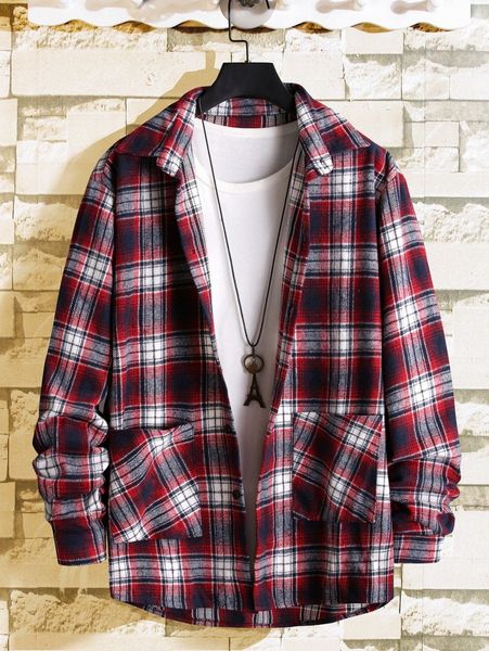 

men tartan print pocket patched overcoat without tee p01m#, Black;brown