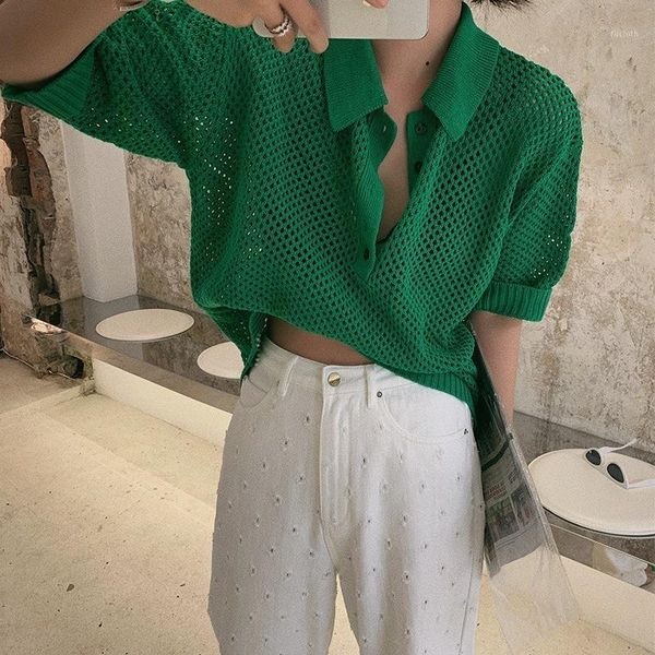 

ewq]solid color short-sleeved hook flower hollow ladies knitting shirt trend ladies loose large size blouse autumn new qk205001, White