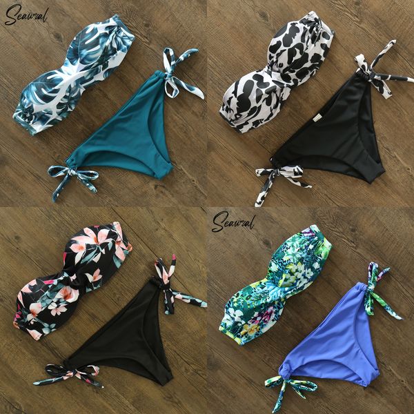 

2020 new leaves print bikini swimsuits women push up bikini set bandeau swimwear bathing suit brazilian biquini female y1120, White;black