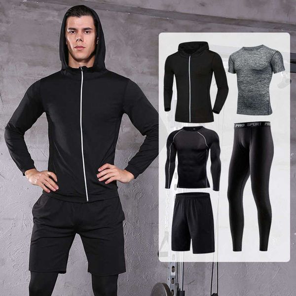 

fitness new style men's quick drying sports long sleeve tight running suit 5 piece straight, Gray