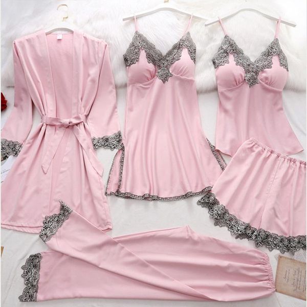 

women's sleepwear arrival 5 piece pajamas set pants suit spring summer women nightdress matte silky soft ladies bathrobes home wear, Black;red