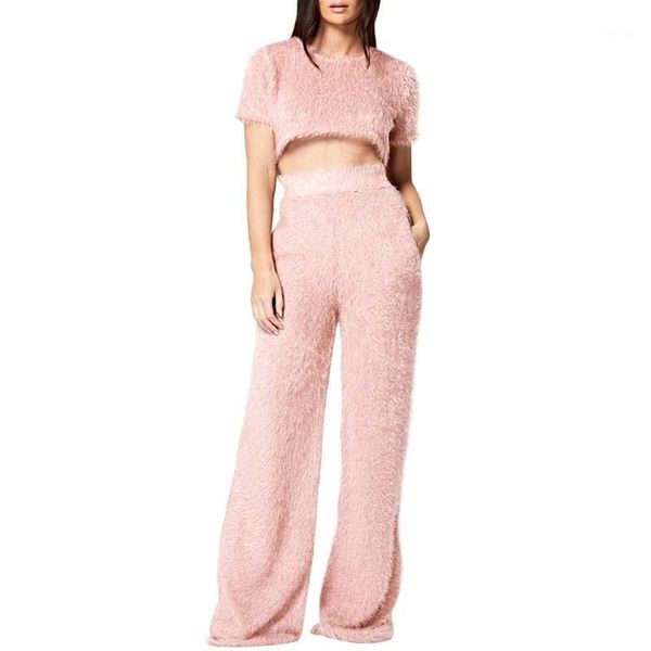 

gym clothing solid color women tracksuits set short sleeve fleece fluffy crop flared long pants suit lounge wear soft exercise clothing, White;black