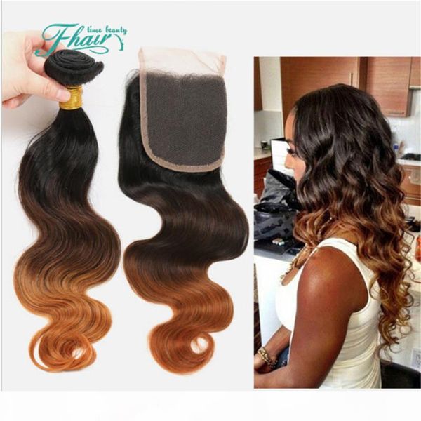 

ombre hair extensions three tone brown 1b 4 30 ombre brazilian body wave human hair weave bundles 4x4''closure with 3hair weft, Black