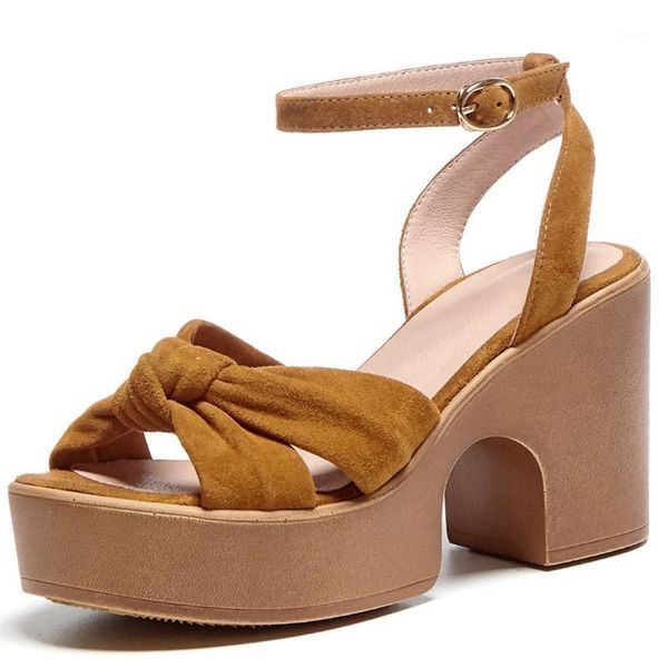 

women's natural suede leather ankle strap thick high heel platform sandals bow tie open toe summer female heels pumps shoes sale1, Black
