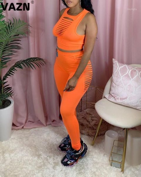 

vazn popular 2020 summer lady orange solid 2-piece long set sleeveless o-neck short long pant set hole skinny1, Gray