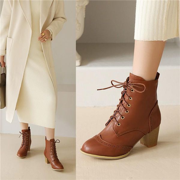 

ymechic 2020 fashion brogue carved brown balck white lace up high heel combat biker ankle boots for women booties woman shoes 43, Black