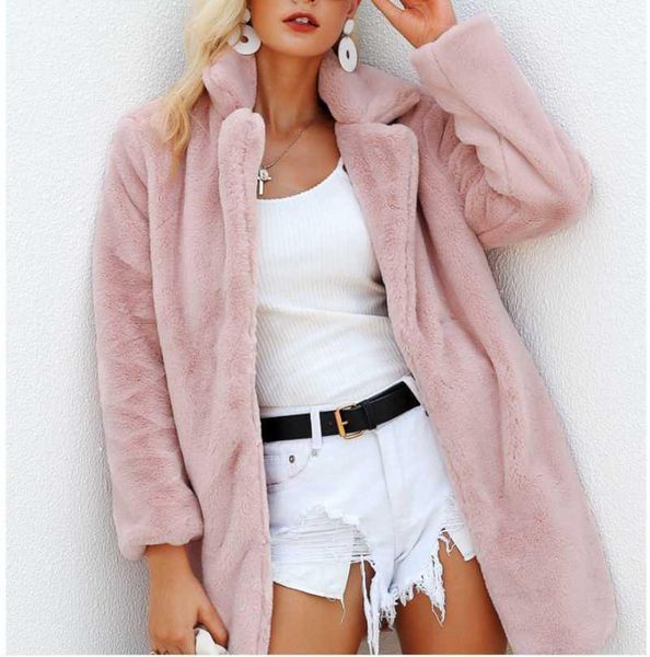 

2020 new winter women solid color faux fur famale thick warn fake fur girls casual fashion ourwear coat1, Black