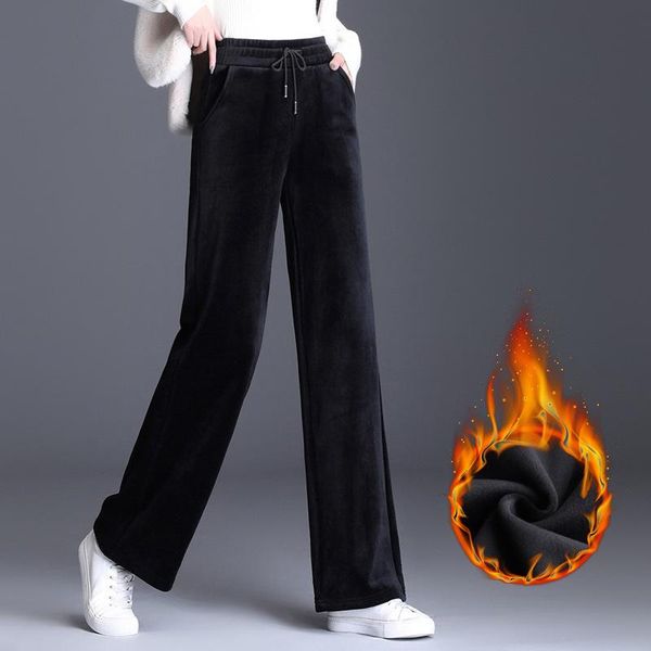 

causal loose wide leg pants female winter warm thick double velvet korean fashion elegant high waist trouser women, Black;white