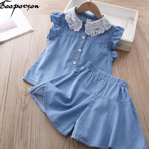 

gooporson summer fashion little girls clothing set lace collar denim flying sleeve shorts cute kids clothes girl outfits1, White