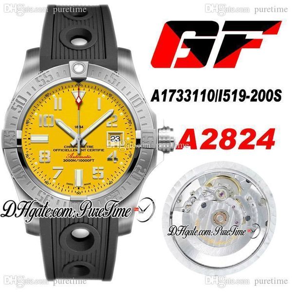 2020 GF V2 Seawolf A1733110/I519-200S ETA A2824 Automatik-Herrenuhr, gelbes Zifferblatt, Nummernmarkierungen, schwarzes Gummi, Best Edition PTBL Puretime A18