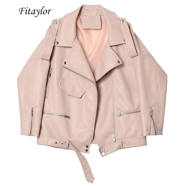 

fitaylor autumn women faux soft leather loose jacket coat turndown collar zipper pu motorcycle overcoat female rivet punk jacket 210201, Black
