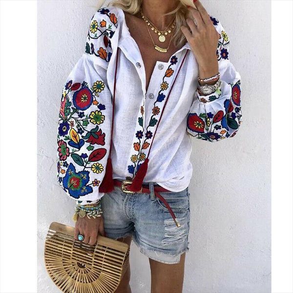 

trendy print fashion women lantern sleeve floral ethnic style embroidered shirt loose neck blouse elegant shirt, White