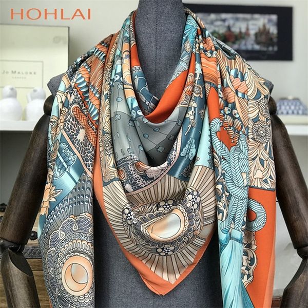 

fashion design square silk scarf women foulard printed bandana ladies shawl hijab elegant headband ring scarves wraps 130*130cm 201218, Blue;gray