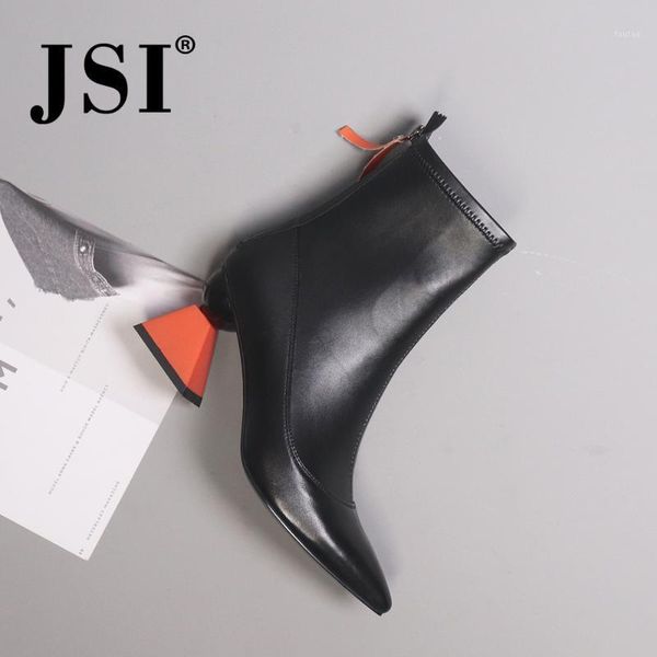 

jsi boots women genuine leather pointed toe ankle shoes winter fashion solid zip square heel high heel basic women boots c4261, Black