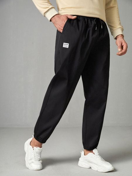 

extended sizes men drawstring waist patch detail pants s95z#, Black
