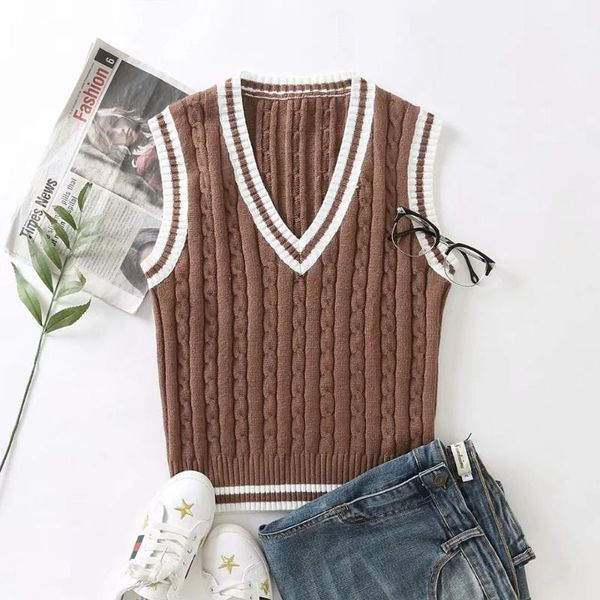 

women's vests retro v neck vintage flowers sweater vest women sleeveless knitted crop sweaters casual autumn preppy style, Black;white