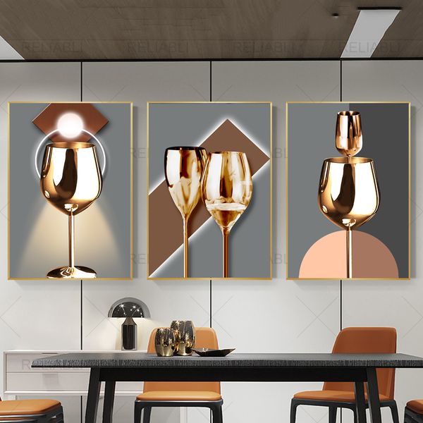 Faca de vidro de vinho dourado nórdico e forquilha imprime moderna pintura de lona sala de jantar cozinha decoração casa abstrata cartaz sem moldura