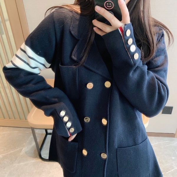 

1102 2022 autumn brand same style regular long sleeve lapel neck blue cardigan kint sweater women clothes fang, White;black