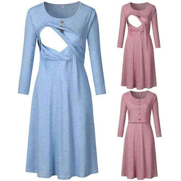 

autumn winter new round neck long-sleeved maternity dress button decoration o-collar receiving waist nursing pregnancy casual g220309, White