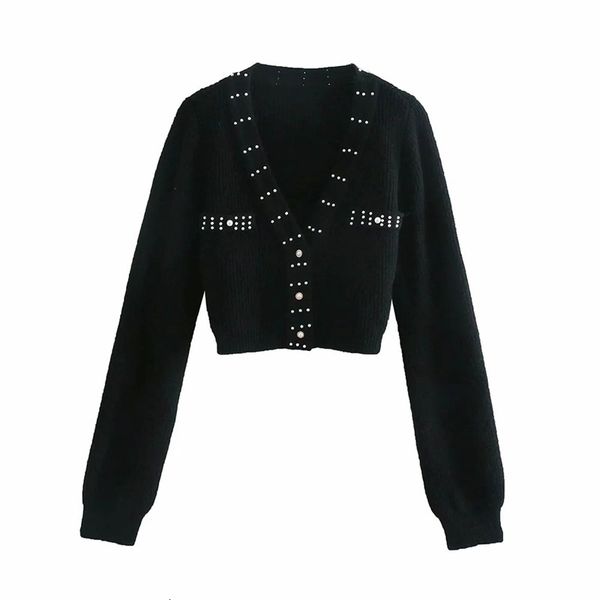 

2021 women new french sweet artificial pearl decoration sweater female single-breasted long sleeve cardigan chic, White;black