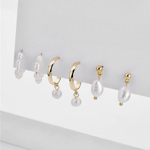 

stud 2021 trendy natural freshwater pearl earrings set for women fashion statement c-shaped wedding jewelry gift, Golden;silver