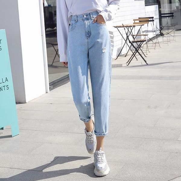 

2019 spring new women's straight jeans light color high waist european and american style hand-worn denim long pants 01521, Blue