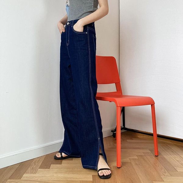 

original design straight jeans women high waist loose autumn winter pants casual split washed fashion wide leg trousers1, Blue