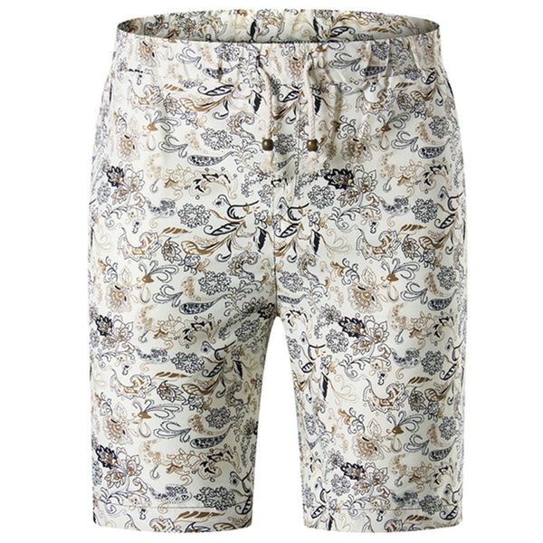 

2020 summer fashion casual linen men's stretch waist beach comfortable flower shorts, White;black