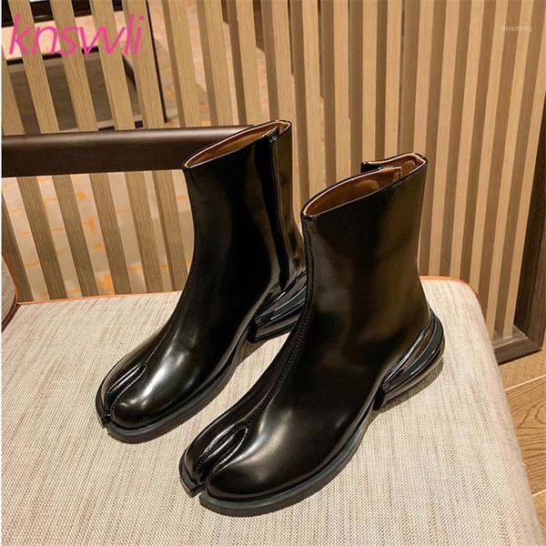

boots genuine leather brand shoes woman crack toe knight short casual motorcycle runway clear low heels ankle women1, Black