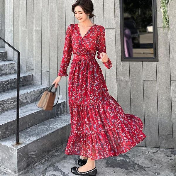 

women casual autumn dress lady korean style vintage floral printed chiffon dress female v-neck long sleeve high waist1, Black;gray