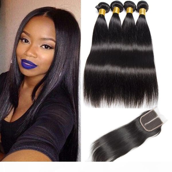 

mink peruvian malaysian indian virgin hair with closure 3 bundles brazilian straight hair with 4x4 lace closure dyeable remy human hair, Black;brown