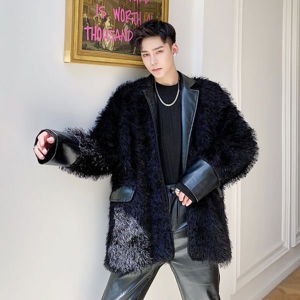 

men's black hippocampus leather loose casual thick warm patchwork jacket long sleeve coat n25