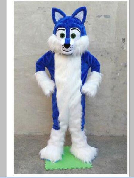 

2019 long fur blue husky fursuit furry mascot costume birthday party, Red;yellow