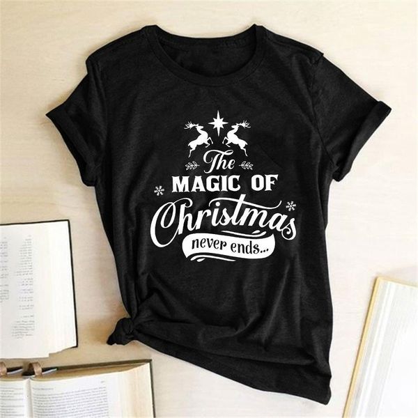 

the magic of christmas never ends printed t-shirts women summer graphic tees aesthetic crew neck woman tshirts cotton ladies top, White