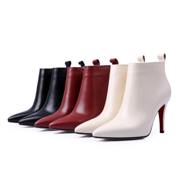 

boots women's ankle genuine leather pointed toe high thin heels for ladies shoes outdoor, Black