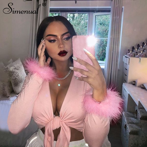 

simenual bandage v neck women party crop long sleeve hairy patchwork t shirt fashion autumn solid slim short tees y200412, White