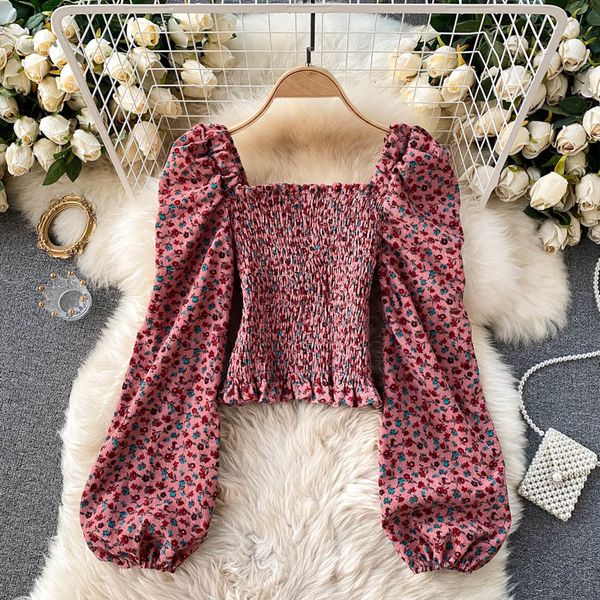 

2021 new singiny bohemian floral female blouse square neck puff thin autumn boho elastic printing short shirts ruched bt50, White