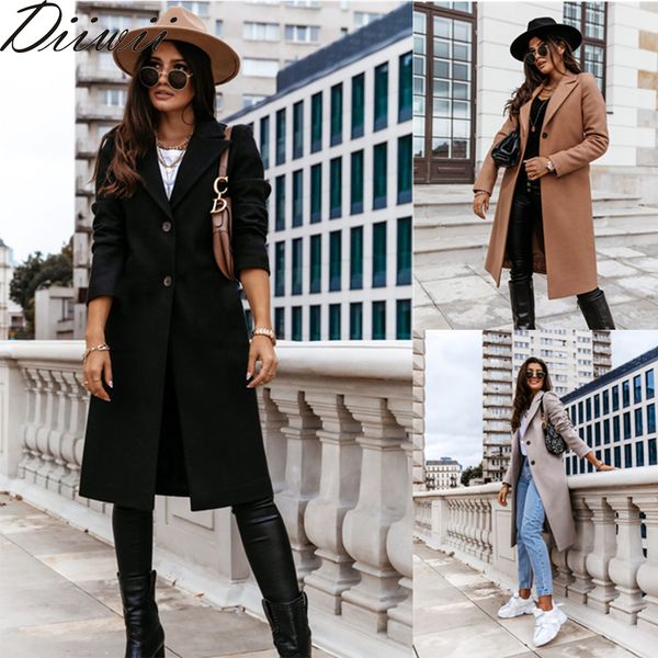 

diiwii women's long woolen coat female warm windproof elegant office robe blended wool outdoor blends lj201128, Black