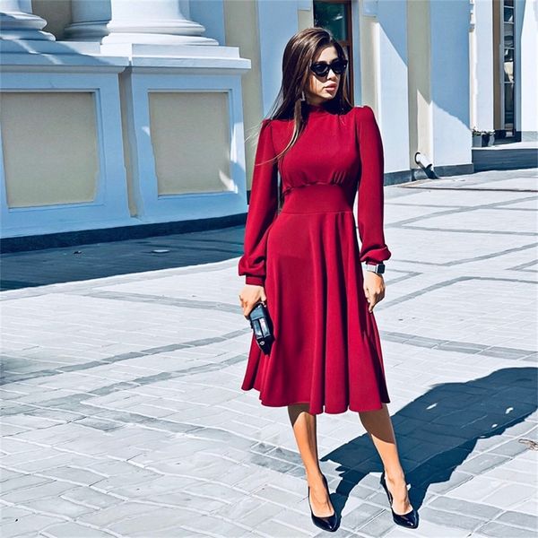 

women vintage stand collar a-line party dress ladies casual long sleeve elegant knee dress 2020 spring new fashion solid dresses lj200824, Black;gray
